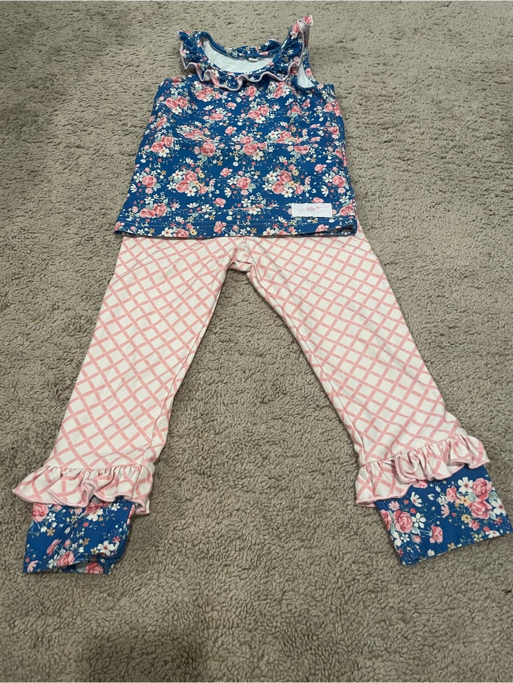 Bliss Blue Floral Ruffle Tank & Pink Lattice Pajama Set
